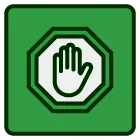 A stop sign with a hand inside of it on a green background.