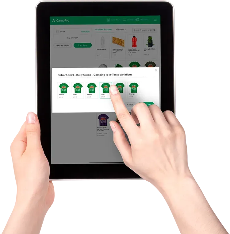 A person is holding a tablet with their finger on the screen