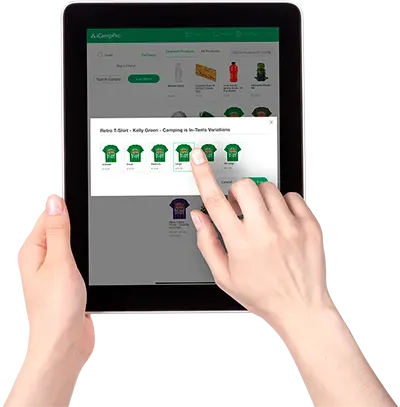 A person is holding a tablet with their finger on the screen