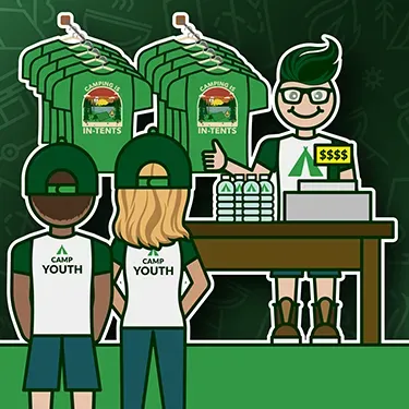 A cartoon of a man selling camp youth shirts