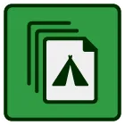 A stack of papers with a tent on them in a green square.