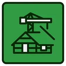 Green square with building and crane icon. Construction concept.