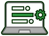A laptop computer with a gear on the screen.