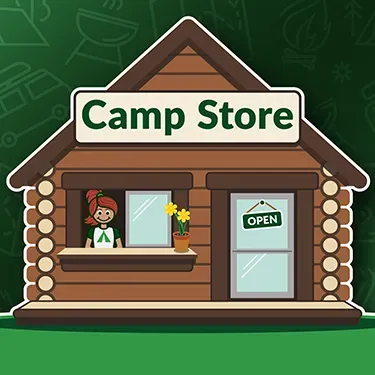 A cartoon illustration of a camp store with a woman standing at the counter.