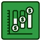 A green icon with a graph and dollar signs on it.