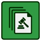 A green icon with a stack of papers and a judge 's gavel.