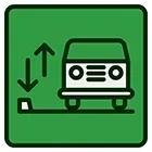 A green icon of a bus with arrows pointing up and down.