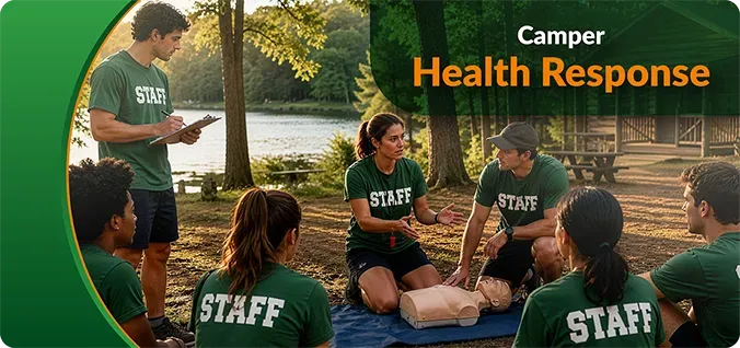Camp staff in green shirts sit outdoors