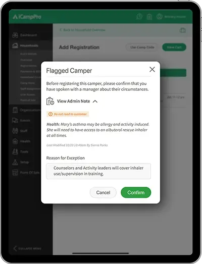 A tablet with a screen that says ' flagged camper ' on it.