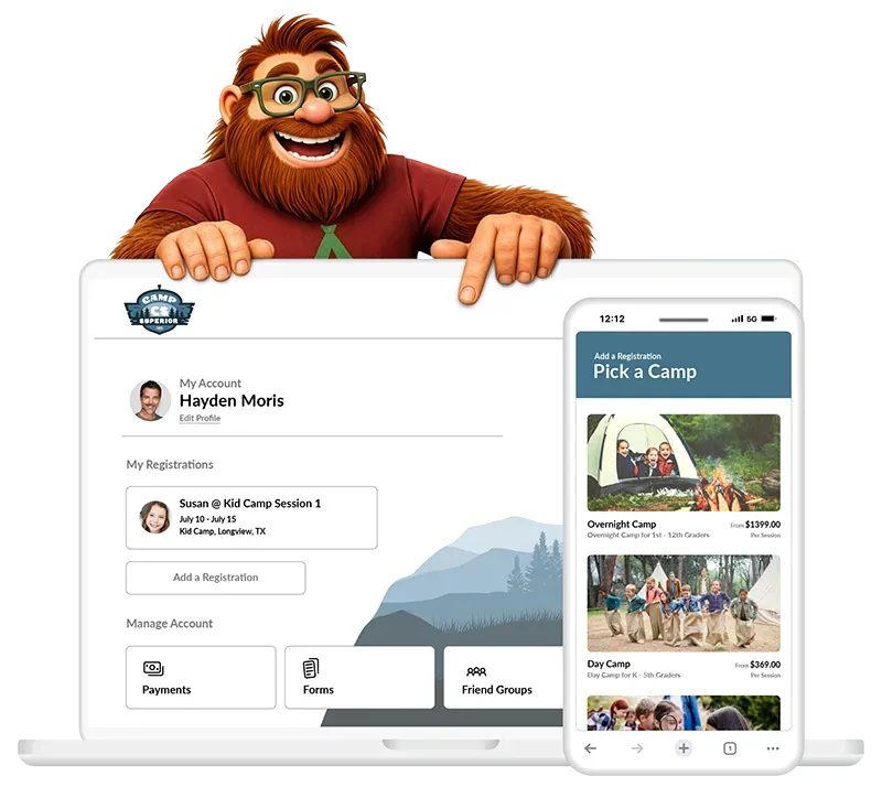 Laptop with Pick A Camp user interface and phone displaying camp listings; Inc. 5000 logo.