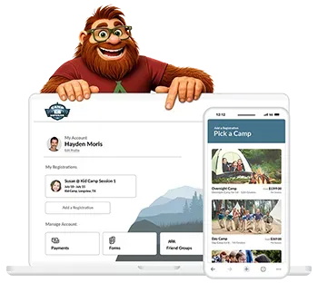 Cartoon bearded man peeks over a laptop and phone showing a camp booking app interface