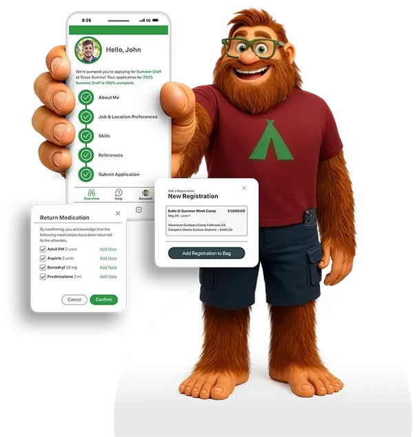 Mobile app interface: new registration, return medications, and configure/add items; green and white.
