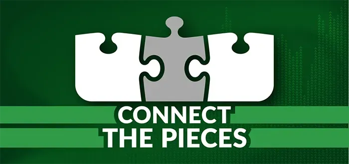 A green sign that says connect the pieces