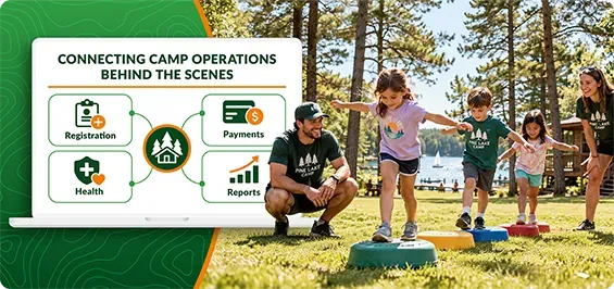 Campers gathered at a picnic table with a graphic on the left