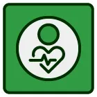 A green square with a white circle and a heart in it.