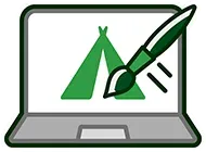 A laptop computer with a tent and a brush on the screen.
