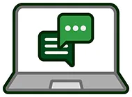 A laptop computer with a green speech bubble on the screen.