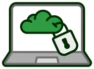 A laptop with a cloud and a padlock attached to it.
