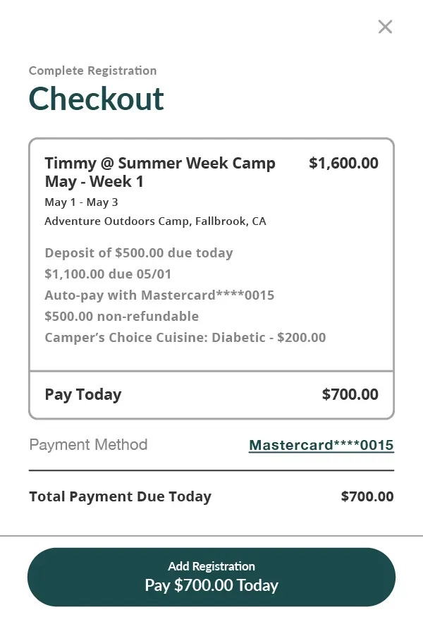 Example screenshot a deferred payment plan with optional meal purchase, iCampPro.