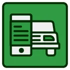 An icon of a truck and a cell phone on a green background.