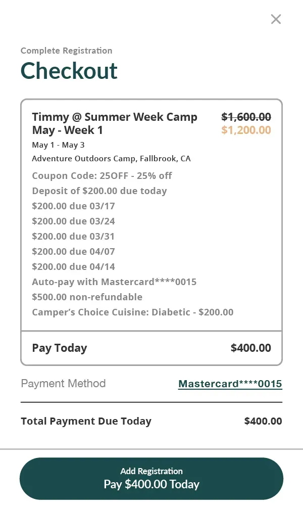 Example checkout screen of an early bird discount coupon code used with optional meal purchase, iCampPro.