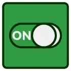 A green square with a white circle and the word on on it.