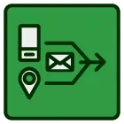 A green icon with a cell phone , envelope , and arrow.