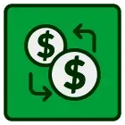 Green icon with two dollar signs and circular arrows indicating money exchange or transfer