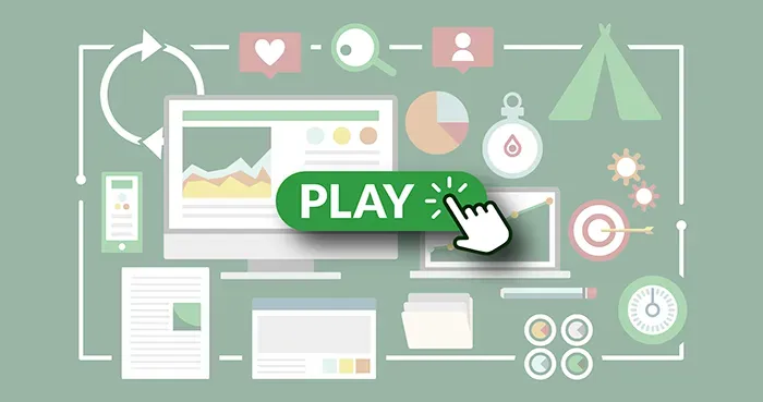 A hand is pressing a play button on a computer screen surrounded by icons.