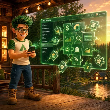 Person holding a phone beside a glowing green finance dashboard