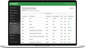 Campro dashboard on a laptop showing final balance summary