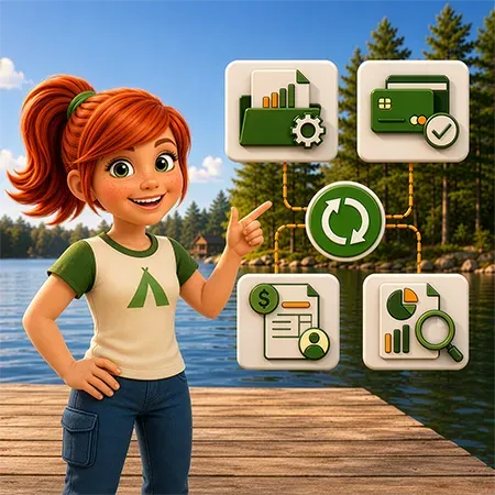 Smiling cartoon character on a dock beside icons