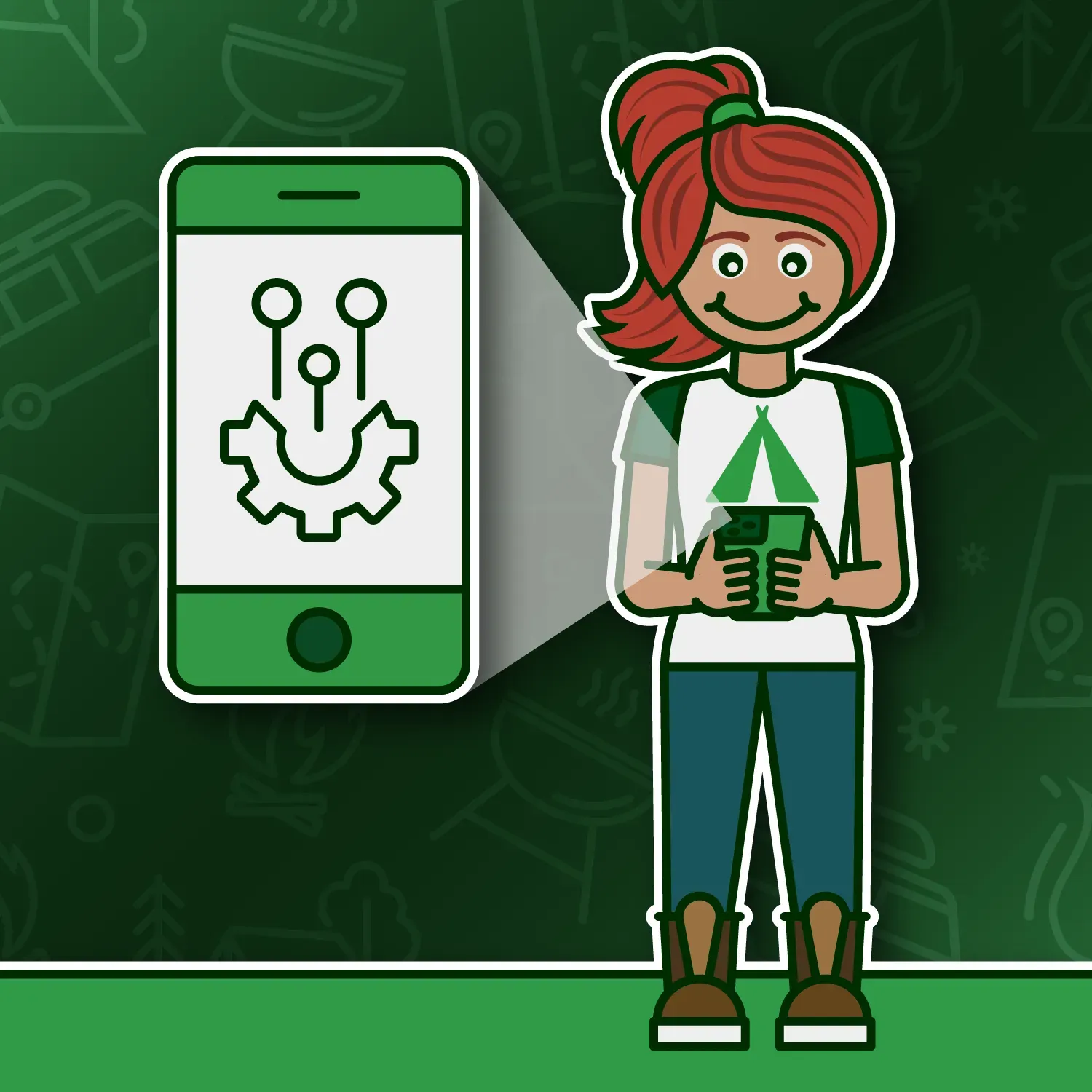 Woman holding phone displaying a gear/circuitry icon.