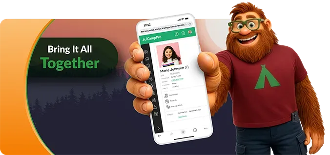 Cartoon mascot holding a smartphone beside “Bring It All Together” text on an orange gradient background