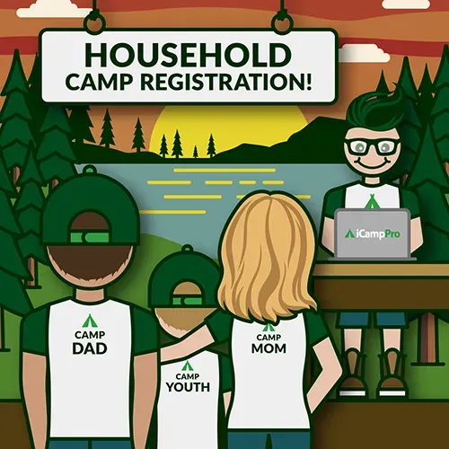 A man and a woman are standing in front of a sign that says household camp registration.