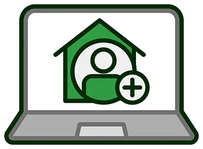 A laptop with a house and a person icon on it.