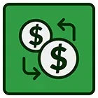 Three coins with dollar signs and arrows pointing in opposite directions on a green background.