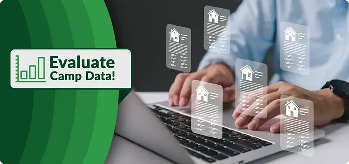 Image of processing camp household data on a laptop.  Text: Evaluate Camp Data