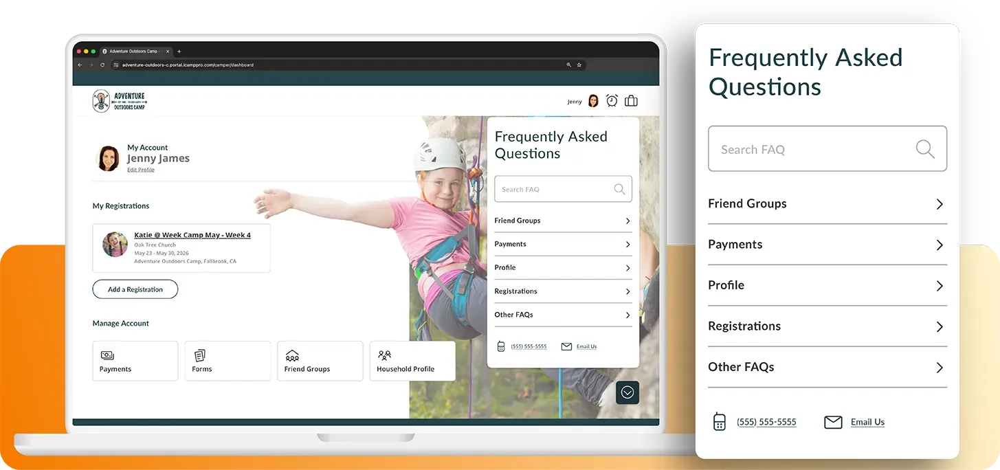 Visual of iCampPro's customizable FAQs in the Customer Registration Portal