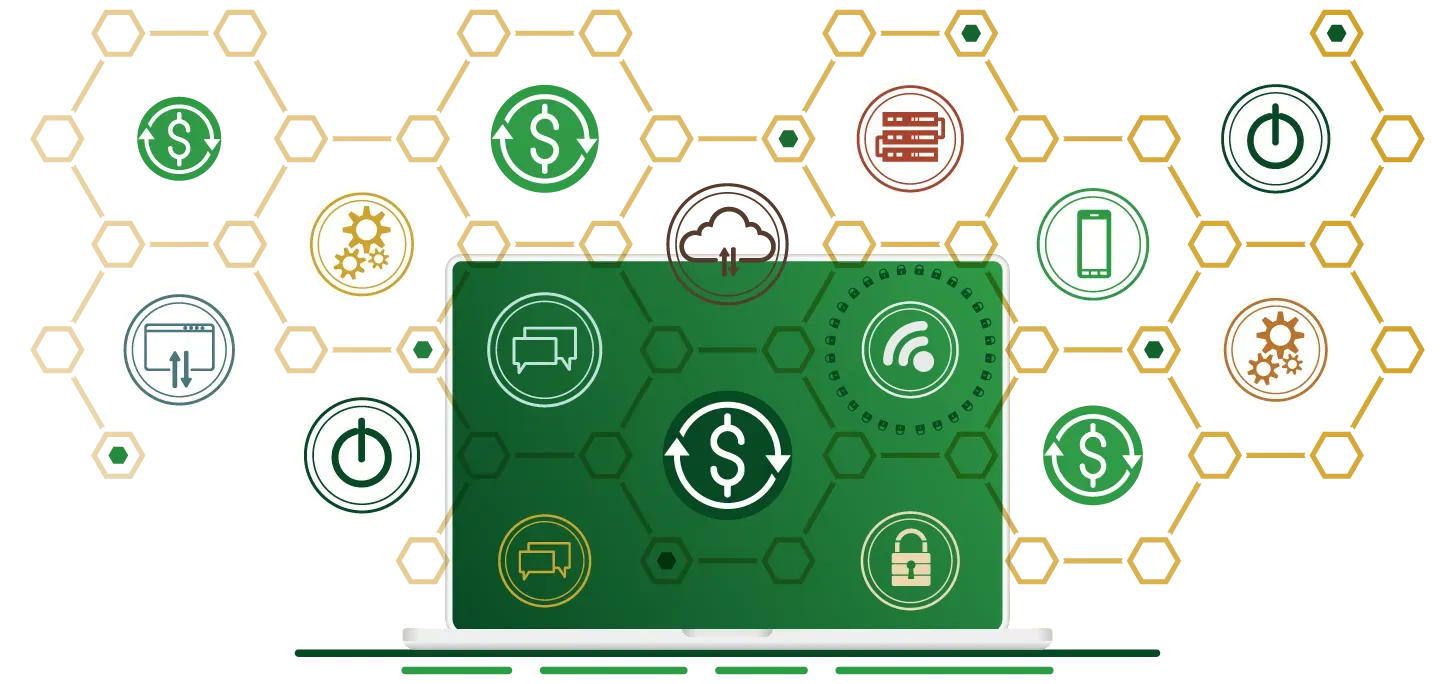 Image of a laptop overlayed with a web of software security endpoints.