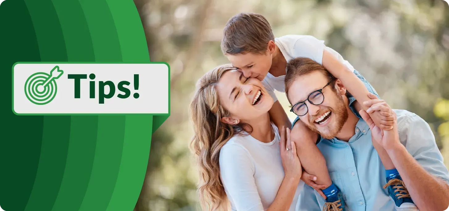 Photo of an excited camp family with a child. Text 