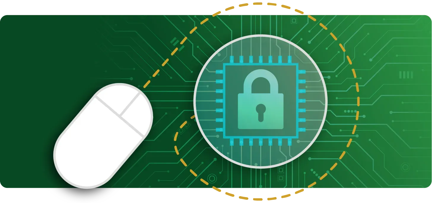 A computer mouse is sitting next to a circle with a padlock on it.