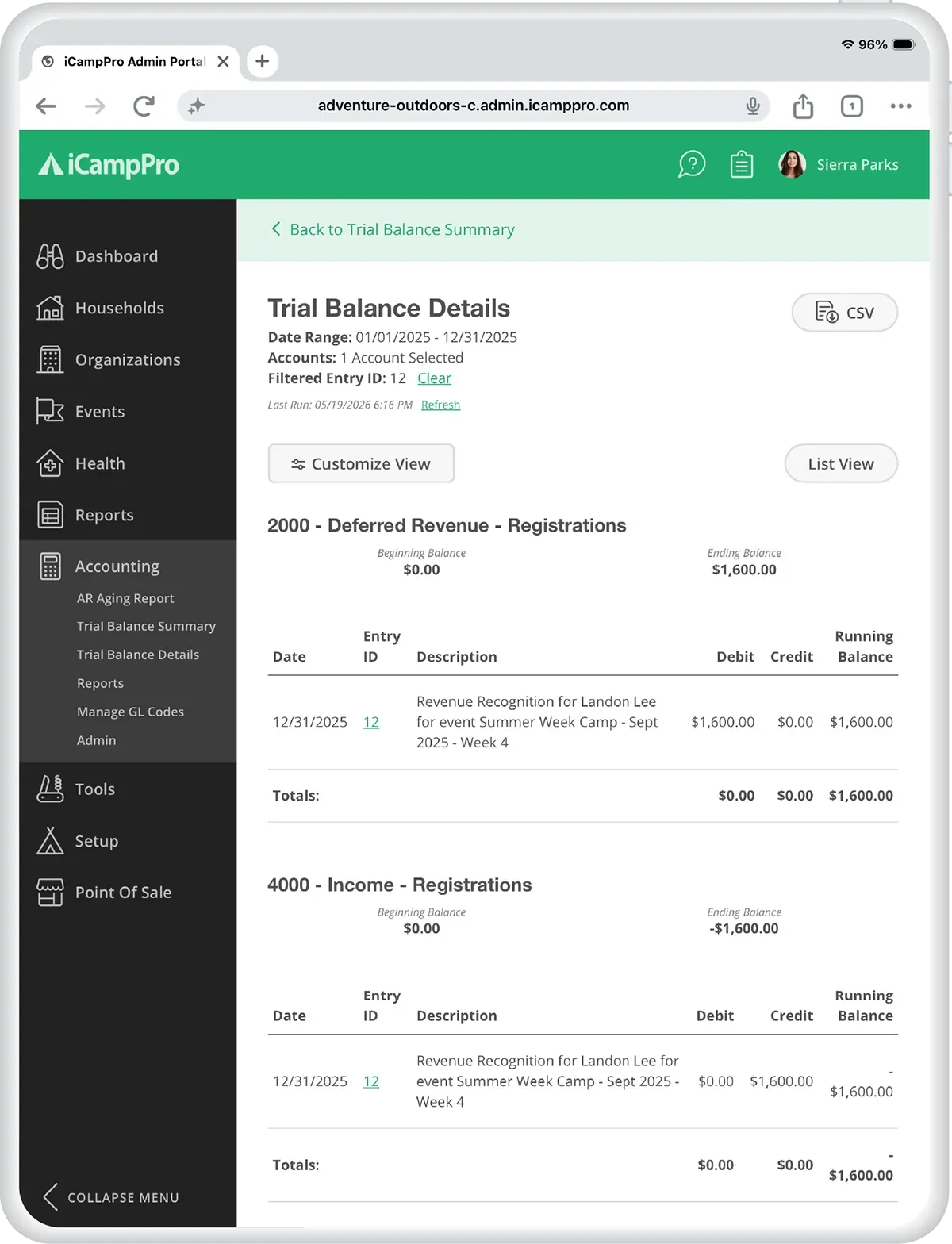 Browser showing AcmePro trial balance summary dashboard
