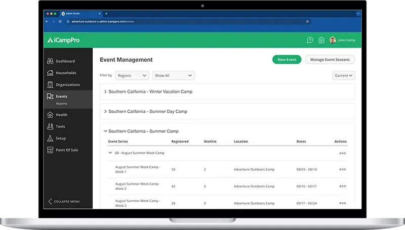 A laptop computer is open to a page that says event management.