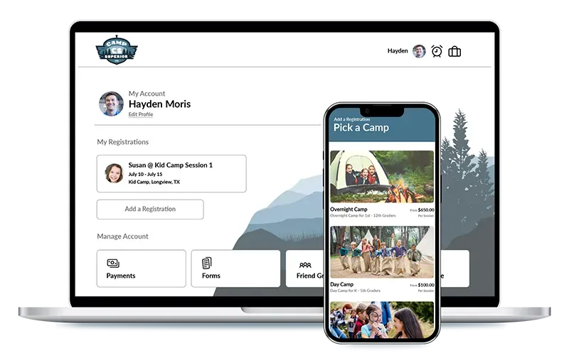 Laptop and phone showing a travel website with scenic camping and outdoor adventure images
