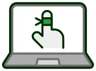 A laptop with a magnifying glass and a cell phone on the screen.