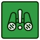 A pair of binoculars with an exclamation point on a green background.