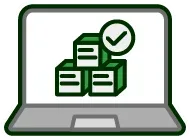 A laptop computer with a stack of boxes and a check mark on the screen.