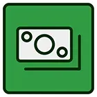 A green square with a white rectangle and two circles on it.