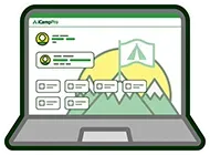 A laptop computer with a mountain and a tent on the screen.